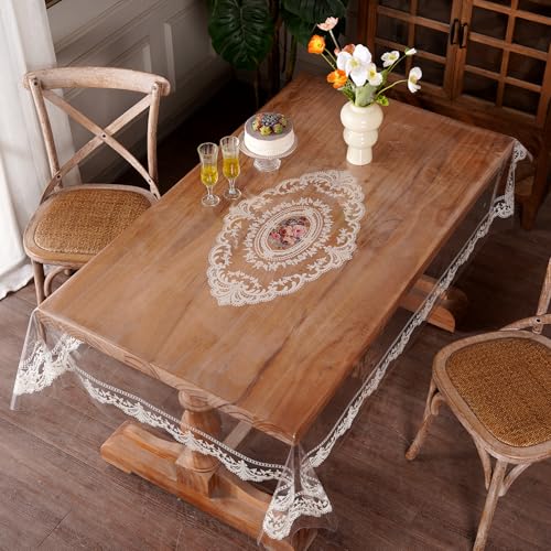 Artbloss Waterproof Clear Table Cover Protector, Vinyl Rectangle Table Cloth with Lace Pattern Oil Spill Proof Wipe Clean Plastic Tablecloths for Dining Tables (French Lace, 52 x 70 Inches)