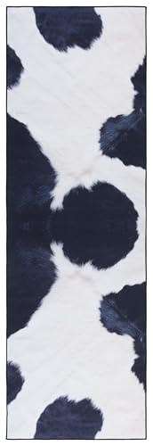 Safavieh Geometric Rug Living Room, Dining Room, Bedroom - Machine Washable and Non Slip - Faux Hide Collection, Short Pile, in Ivory and Dark Blue, 76 X 244 cm