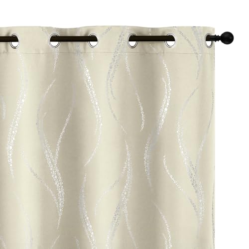 Yakamok Light Blocking Curtains 72 Inches- Silver Wave Line Dots Print Grommet Drapes, Room Darkening Curtain, Window Panels for Living Room/Bedroom (52W x 72L Inch, Set of 2, Cream)
