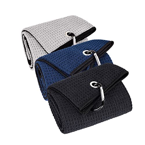 3 Pcs Golf Towels, 16'' x 24'' Large Tri-fold Microfibre Golf Towel, Premium Microfiber Fabric Waffle Pattern Whit Heavy Duty Carabiner Clip to Remove Sand, Mud, Grass and Dirt from Golf Accessories