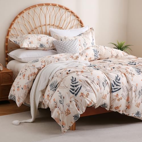 JSD 3 Piece Floral Duvet Cover Set Queen, Soft Printed Microfiber Comforter Cover with Zipper Closure Corner Ties