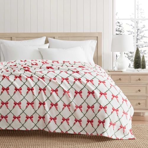 "Martha Stewart - Blanket, Incredibly Soft Throw Blanket for Couch or Bed, Printed Plush & Oversized Bedding (Emmas Bow White, 60"" x 70"")"
