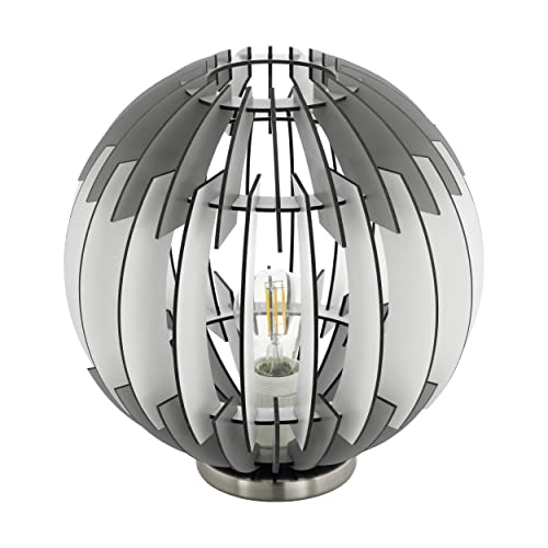Eglo Table Lamp Cossano, Single-Light Vintage Table Lamp, Bedside Lamp Made of Steel and Wood, Living Room Lamp in Matte Nickel, Wood in Grey and White, Lamp with Switch, E27 Socket