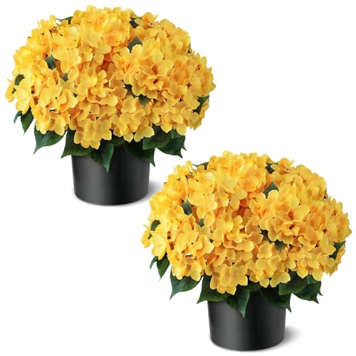 "2 Sets 22""Artificial Hydrangea Flower Topiary Trees for Porch(Yellow) - with Pots,No Assembly Needed,Faux Silk Flower Potted Plant,for Front Door Farmhouse Garden Home Outdoor Spring Summer Decor"