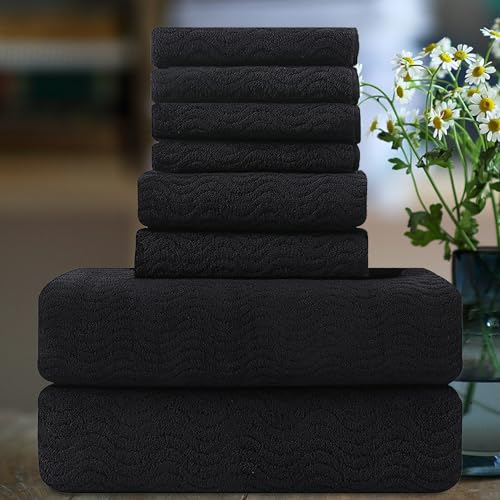 Ultra Soft 8 Piece Textured Bath Towel Set for Bathroom Shower Pool, Kitchen, Quick Dry, Lightweight Highly Absorbent - 2 Oversized Bath Towel Sheets, 2 Hand Towels, 4 Washcloths - Black
