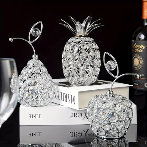Kehail Set of 3 Crystal Metal Pineapple Pear Table Centerpiece Handmade Crystal Candlestick Hollow Fruit Ornament Home Party Wedding Holiday Bar Decoration (Silver, Set of 3)