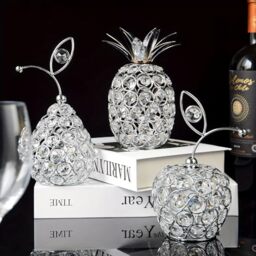 Kehail Set of 3 Crystal Metal Pineapple Pear Table Centerpiece Handmade Crystal Candlestick Hollow Fruit Ornament Home Party Wedding Holiday Bar Decoration (Silver, Set of 3)