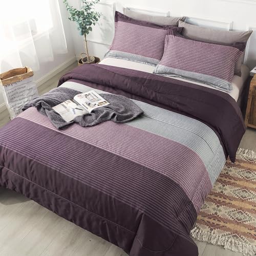 Andency Striped Comforter Set King Size (104x90 Inch), 3 Pieces (1 Purple Stripe Comforter, 2 Pillowcases) Soft Microfiber Down Alternative Comforter Bedding Set with Corner Loops (Purple, Grey)