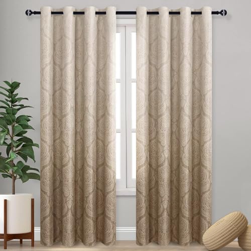 DWCN Taupe Room Darkening Curtains for Living Room - Ombre Damask Patterned Extra Long Eyelet Curtains for Bedroom, 2 Panels, Gradient Window Curtain, 52 x 90 Inch Long, Taupe
