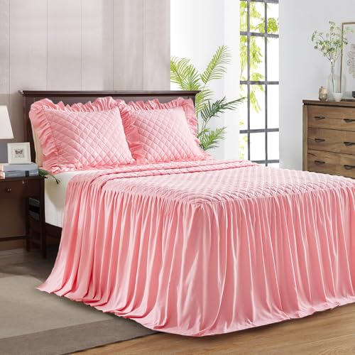 "Ruffle Skirt Bedspread Set - 30"" Long Drop - Vintage Chic Ruffled Summer Coverlet Bed Spreads Quilt Boho Bedding Farmhouse Style Lightweight Luxurious Rustic 3 Piece Set King Size Pink"