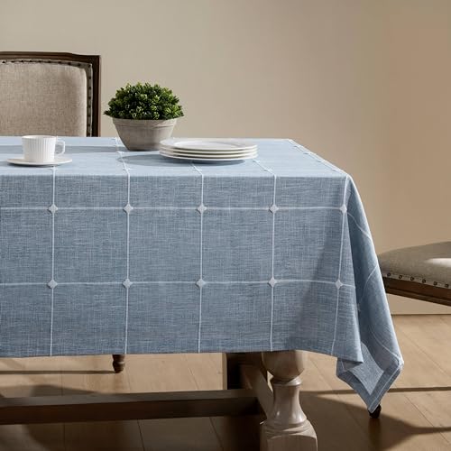ZeeMart Grid Embroidered Rectangle Tablecloths 60x120in, Hem/Blue - Heavy Weight Non-sheer Linen Fabric, Mitered Corner Finish, Water Resistant Farmhouse Table Cover, Boho Plaid Home Decor