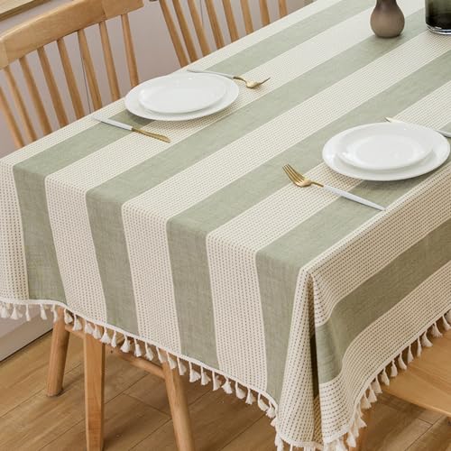 "TruDelve Cotton Tablecloth Rectangle Table Sage Green Striped Tablecloths Oblong Boho Tablecloth 8 Foot Table Cloths for Rectangle Tables (98""x55"", Green)"