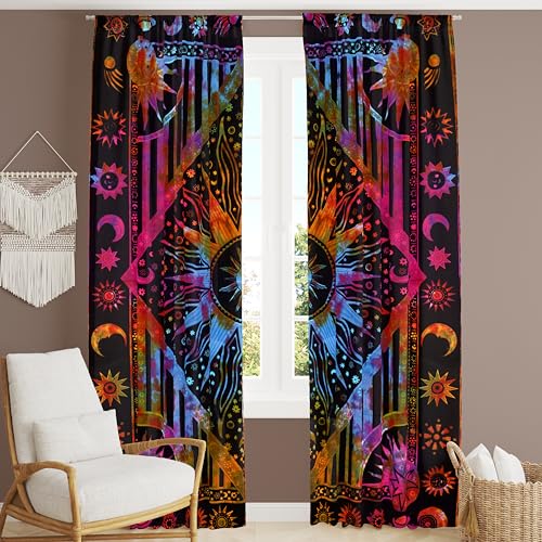 Bless International Beautiful Indian Bohemian Psychedelic Hippie Burning Sun Window Curtain Panels For Bedroom, Living, Balcony (Purple Tie Dye (38x83 Inches)(96x210 Cms))