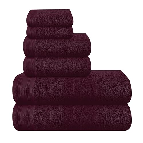 MALLONI HOME Ultra Soft 6 Pack Cotton Towel Set, Includes 2 Oversized Bath Towels 70 x 140 cm, 2 Hand Towels 40 x 60 cm and 2 Washbeds 30 x 30 cm, Burgundy
