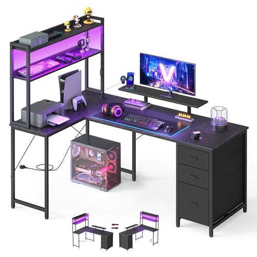 VASAGLE L-Shaped Computer Desk with LED Lights and Power Outlets, Corner Gaming Desk with 3 Drawers and Monitor Stand, 160 x 100 x 150 cm, Black, Barnet Collection LWD163B102