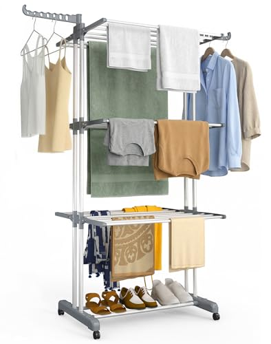 VOUNOT?? 4 Tier Clothes Airer with Wheels, Large Capacity Folding Laundry Drying Rack with Side Wings, Indoor & Outdoor Use, 126 x 63 x 170 cm, Grey White