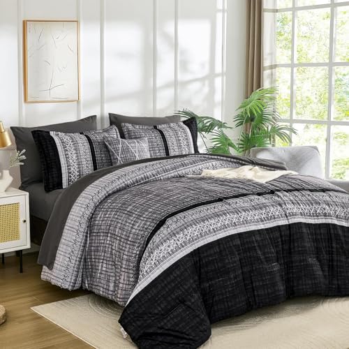 Dintszyayue Black Comforter Set Full Size, 8 Pieces Boho Striped Bed in a Bag Soft Microfiber Bedding Set for All Season
