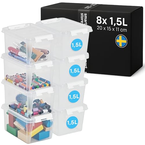 SmartStore Storage Boxes with Lids - 8x small 1.5L box - 20x15x11cm - Stackable plastic storage box with lid for toy, Lego & craft storage - clear food-safe plastic boxes - containers with lids