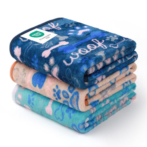 "Luciphia 1 Pack 3 Blankets Fluffy Premium Fleece Pet Blanket Flannel Paw Bone Printed Throw for Dog Cat(Medium 30""x20"", Khaki/Blue/Navy)"