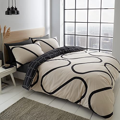 Catherine Lansfield Linear Curve Geometric Easy Care Duvet Set, Black, Single Duvet Set
