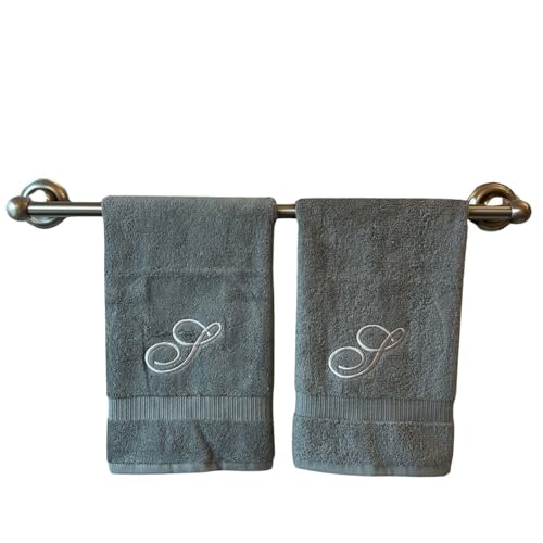 Gray Monogrammed Hand Towels for Bathroom - Luxury Hotel Quality Personalized Initial Embroidered Towel for Powder Room, Spa - GOTS Organic Certified - Set of 2 Silver Letter S
