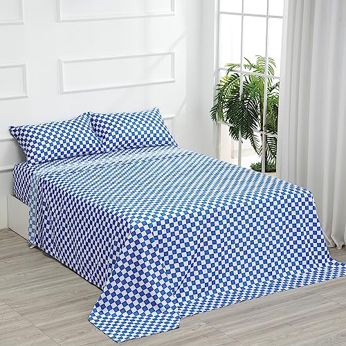 Bed Sheet Set 4 Piece -Full Size-Soft Durable Microfiber Bedding Sheet Set,Deep Pocket,Stain,Fade & Wrinkle Resistant (Plaid Blue&White)
