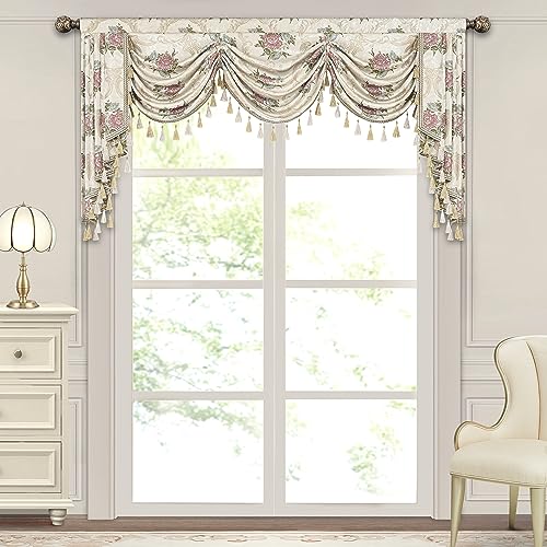 Loom and Mill Luxury European Waterfall Valance for Living Room Bedroom, Elegant Floral Jacquard Swag Window Valances with Tassels, Damask Swag Curtains for Banquet Wedding Holiday(W79Inch,1 Panel)