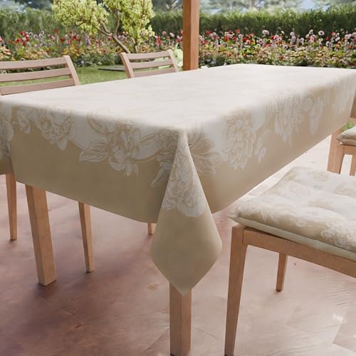 PETTI Artigiani Italiani - Stain Resistant Tablecloth Rectangular 140x450 cm 24 Seats, Wipe Clean Microfibre Kitchen Table Cover, Peonies Design Beige, 100% Made in Italy