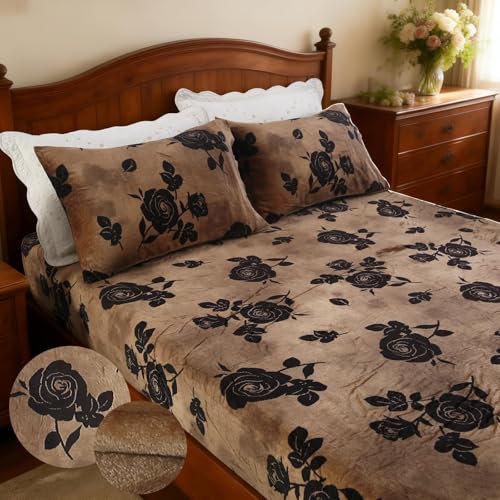 MAG 3Pcs Rose Fleece-Flannel Full Size Sheets Set,Microfiber Black Floral Full Size Bed Set,Romantic Fluffy Warm Super Soft for Women Men,with 1*Fitted Sheet + 2*Pillowcases.