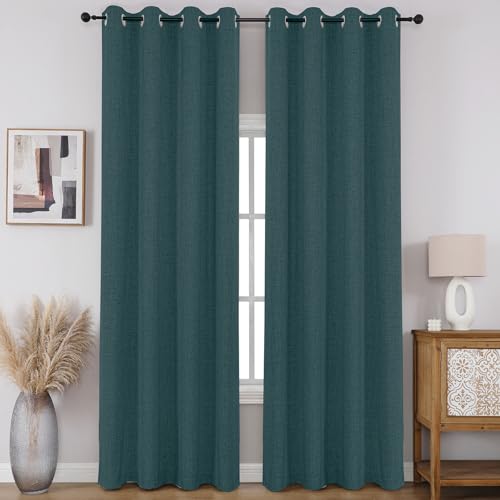 CUCRAF 100% Total Blackout Curtains 84 Length for Window Treatment, Faux Linen Thermal Insulated Grommet Drapes for Bedroom/Living Room, Set of 2 Curtain Panels(Hunter Green, 52 x 84 inches)