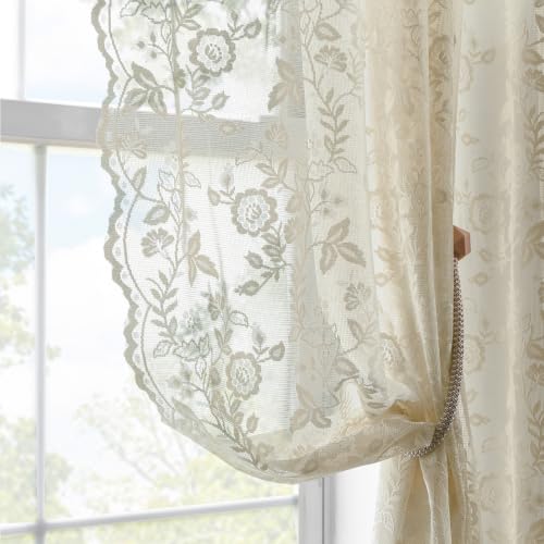 FINECITY Beige Lace Curtains 84 Inches Long 2 Panels Set, Rustic Leaf Floral Embroidered Farmhouse Vintage Lace Curtains for Living Room Bedroom, Rod Pocket Privacy Window Lacy Drapes, 52 x 84 Inch