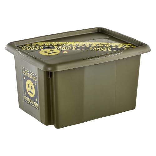 keeeper karolina storage box with lid, 15 l, nestable and stackable, Emoji Danger design, for children, olive green (Olive)