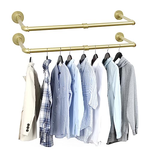 Oroonoko 2 Packs Gold Industrial Pipe Clothes Rack,36 inch Pipe Garment Rack Hanging Rod Bar for Closet Storage,Laundry Room Up to Max Load 135lbs