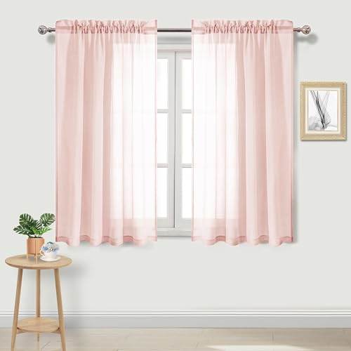 DWCN Blush Pink Sheer Curtains Semi Transparent Voile Rod Pocket Curtains for Bedroom and Living Room, 52 x 54 inches Long, Set of 2 Panels