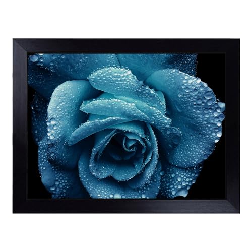 Lap Tray with Bean Bag Cushion, Flower Blue Rose Art - Handmade in the UK, Raised Wooden Edge, Padded Cushion, Heat-Resistant Wipe-Clean Surface, for Meals, Laptops and Crafts