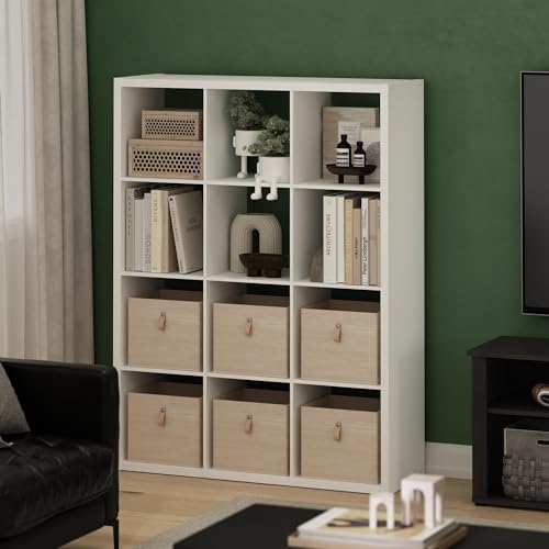 Furinno CUBICLE Book Shelf, 12-Cube Thick Frame Bookshelf, Reversible Bookcase with Open Back, 37.08 x 111.25 x 147.32 cm, for Living Room, Bedroom, Home Office, Plain White