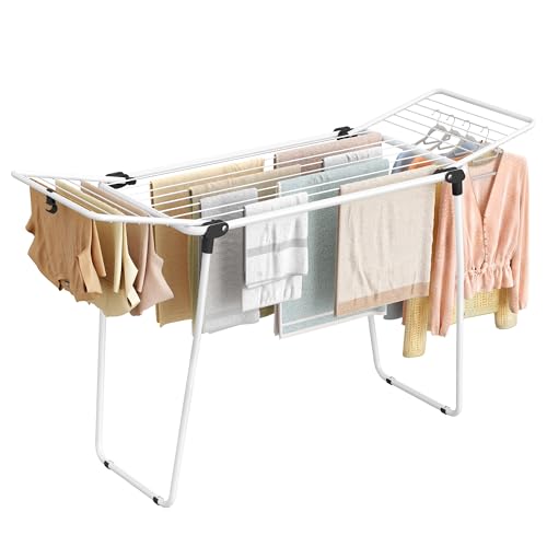 SONGMICS Clothes Drying Rack, Winged Clothes Airer, 53 x 158 x 93 cm - Space-Saving Laundry Drying Rack, Metal Structure, for Clothing, Towels, Linens, Matte White and Dove Grey, BUNJI LLR520WK01