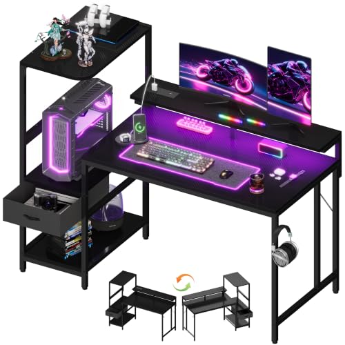 JUMMICO 120×60cm Gaming Desk with Power Outlet & LED Lights, Reversible L-Shaped Computer Desk with Monitor Stand, Storage Drawer & Shelves, Headphone Hook, Gaming Table Carbon Fiber Black