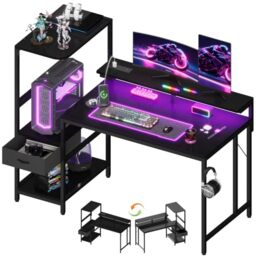 JUMMICO 120×60cm Gaming Desk with Power Outlet & LED Lights, Reversible L-Shaped Computer Desk with Monitor Stand, Storage Drawer & Shelves, Headphone Hook, Gaming Table Carbon Fiber Black