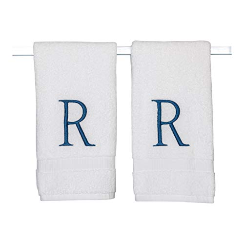 White with Navy Monogrammed Hand Towels for Bathroom - Set of 2 Letter R - Luxury Hotel Quality Initial Towels For Powder Room, Spa, GOTS Organic Certified