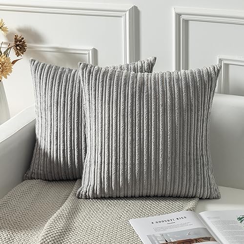 Kevin Textile Set of 2 Super Soft Striped Corduroy Velvet Decorative Euro Throw Pillow Sham Cushion Cover for Baby, 20x20 inch(50cm), Light Grey