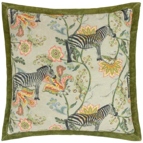 Wylder Sundara Polyester Filled Cushion (Ecru/Green - 50x50cm) - Exotic Botanical Zebra Velvet Oxford Edge Plain Reverse Decorative Pillow