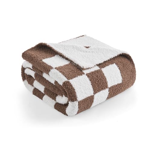 Snuggle Sac Checkered Throw Blanket for Couch, Super Soft, Cozy Warm Knit Blankets, Reversible Plaid Fluffy Throws for Sofa, Bed, Checkered Brown, 50x60 Inches