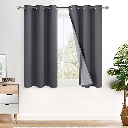 XWZO 100% Blackout Curtain Panels - Thermal Insulated Black Liner Curtains, Noise Reducing and Heat Blocking Drapes for Hall and Studio Windows with Tiebacks, Dark Grey, W38 x L54, Set of 2