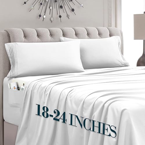 Mocassi King Size 4-Piece Bed Sheet Set - 1800 Premium Hotel Quality Microfiber 18-24 Inches Extra Deep Pocket Fitted Sheet- Luxury Soft, Breathable, Wrinkle, and Fade Resistant, White