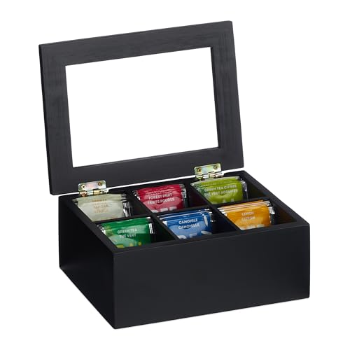 Relaxdays Tea Box, 6 Compartments, Bamboo, HBT: 9x21,5x16 cm, Tea & Coffee Pods, Tea Box with Lid, Dust Protected, Black