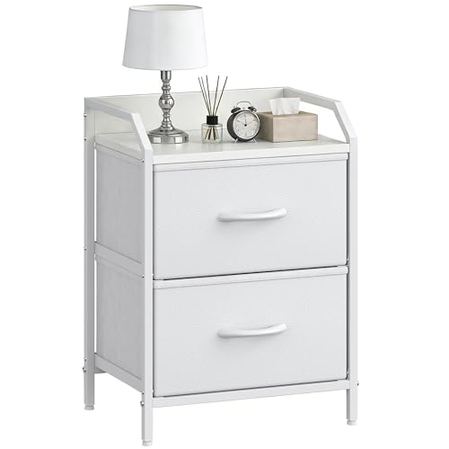 Feonase Bedside Table with 2 Storage Fabric Drawers, Bedside Cabinet 40cm Wide With Sturdy Metal Frame, Bed Side Table for Bedroom & Living Room Modern, White
