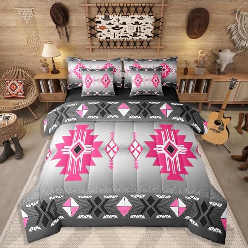 Erosebridal Rustic Western Queen Comforter Set 7 Piece, Southwestern Aztec Bedding Set for Boys Teens Men Bedroom, Exotic American Native Bed in A Bag Vintage Bohemian Geometric Sheet Sets, Pink Grey
