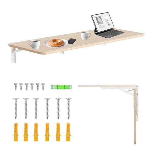 Maclean folding wall shelf load capacity 50 kg folding table with safety lock folding knob included level for kitchen bathroom (Light wood, 100x40cm)