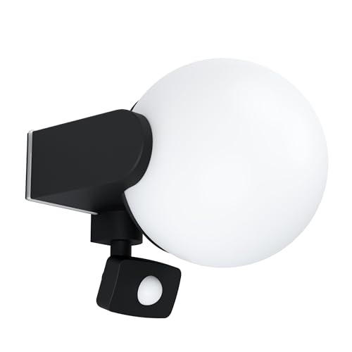 EGLO Outdoor Wall Light Rubio with Motion and Twilight Sensor, Porch Lighting, Waterproof Outside Lamp Made of Black Cast Aluminium and White Plastic, E27 Socket, IP44